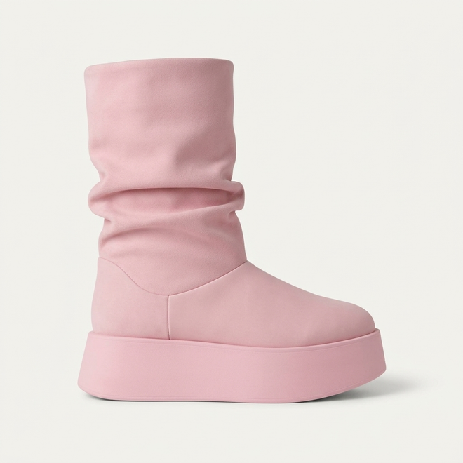 Slouch mid-calf boot on chunky platform sole, blush pink PB01